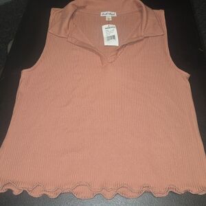 Ribbed Sleeveless Collared Top - Peachy Coral